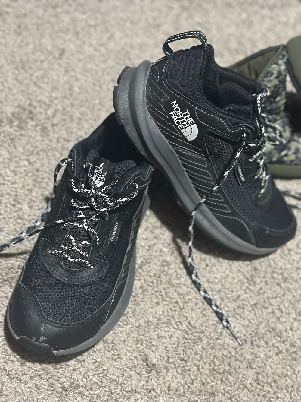The North Face Kids Black and Gray Trail Sneakers + camping slippers